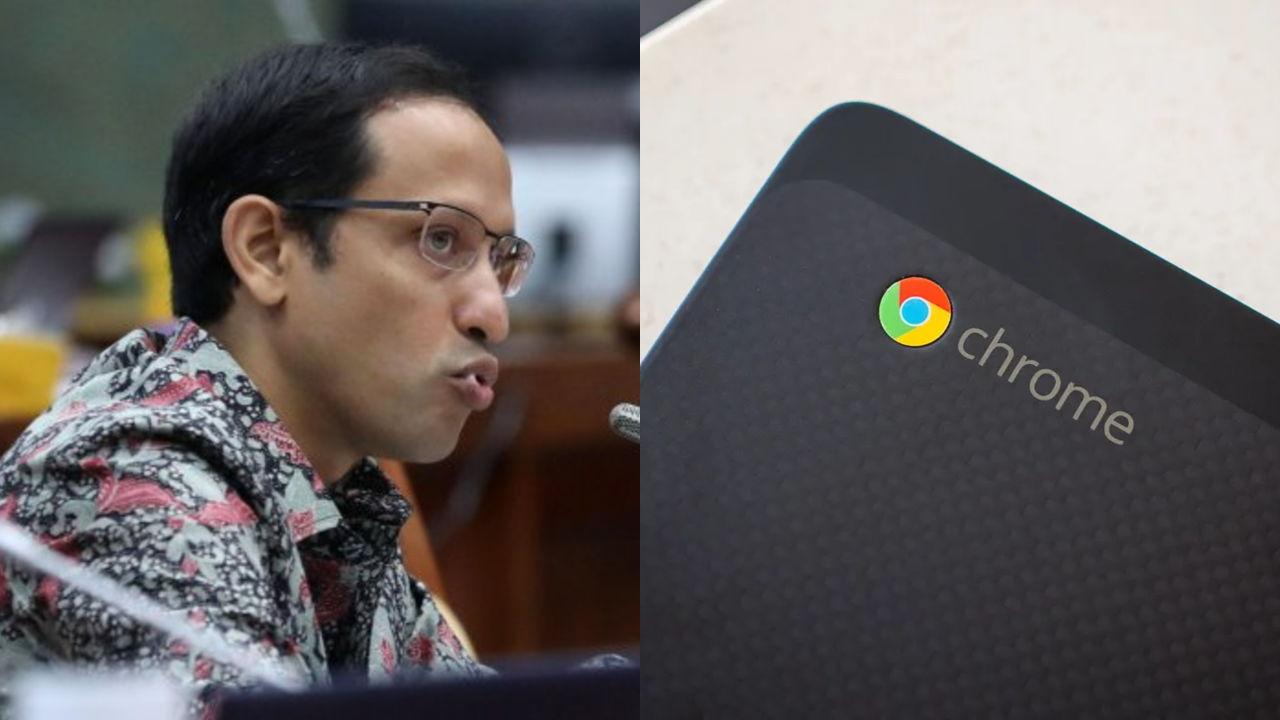 Kolase-foto-Mendikbudristek-Nadiem-Anwar-Makarim-dan-laptop-berbasis-Chromebook